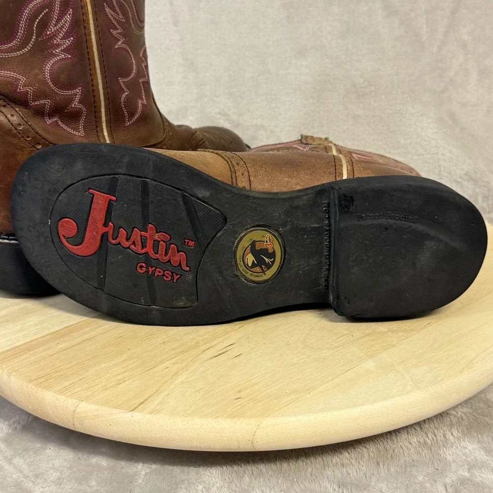 Justin Gypsy Womens Brown Leather Western Cowgirl Boots Pink Stitch L9903 Sz. 9B